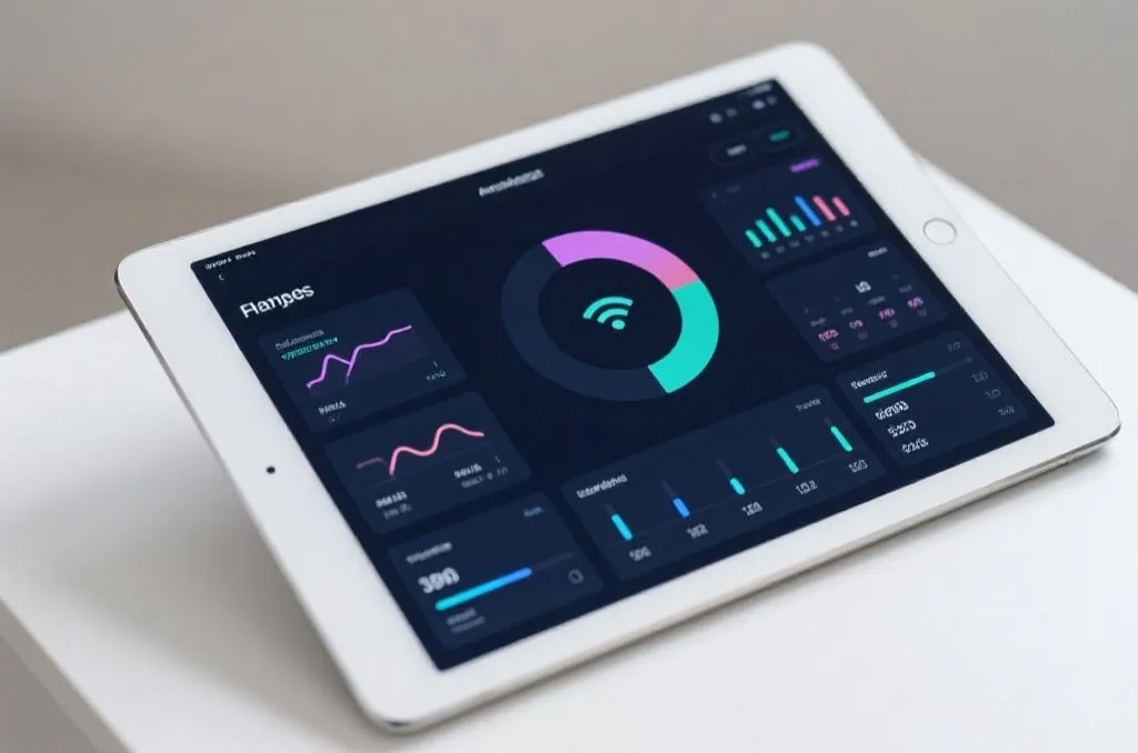 Sports analytics dashboard displaying abstract soccer match statistics and stream status