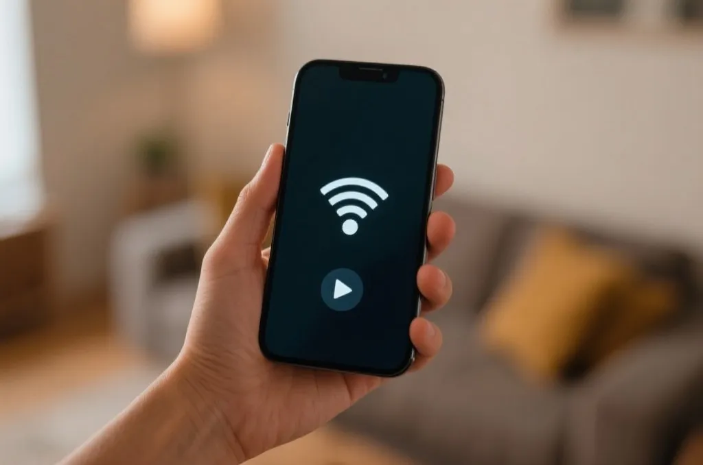 A hand holding a smartphone showing a clean video streaming application with a play button